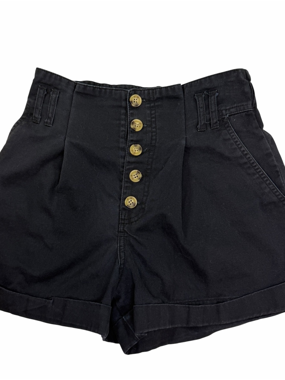 High-Waist Black Paper Bag Women's Button-Front Shorts
